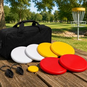 Disc golf starter set with carry bag in outdoor park